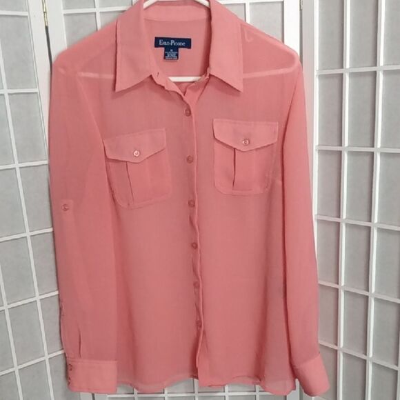 Evan-Picone Sheer Peach Button-Up Blouse w/ Roll Tab Sleeves - Picture 2 of 12